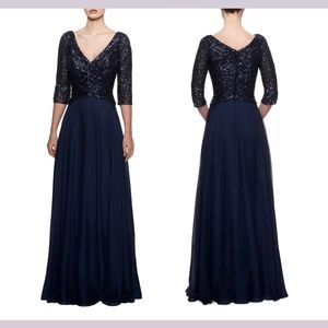 NEW $409 La Femme [ 14 ] Chiffon & Sequin‎ A-Line Gown in Navy Blue